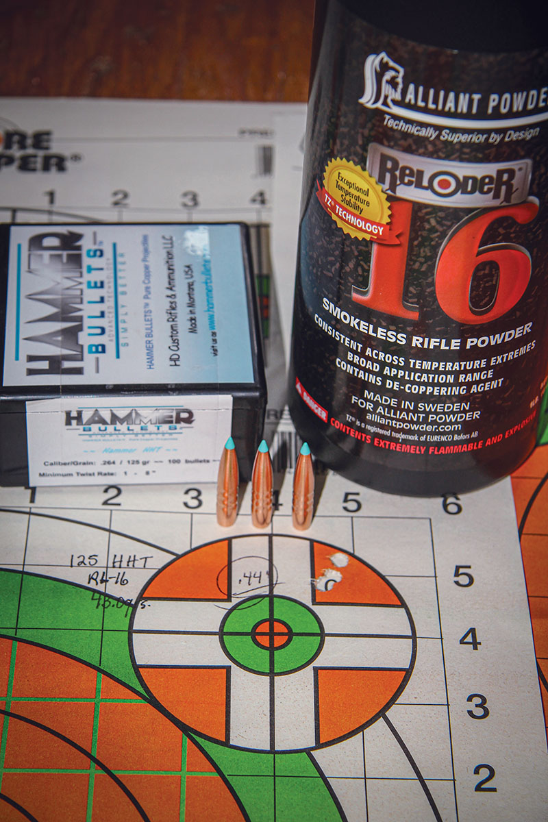 The 125-grain HHT from Hammer Bullets, paired with 43 grains of Alliant Reloder 16, produced a .44-inch three-shot group at 100 yards, and a muzzle velocity of 2,942 fps.